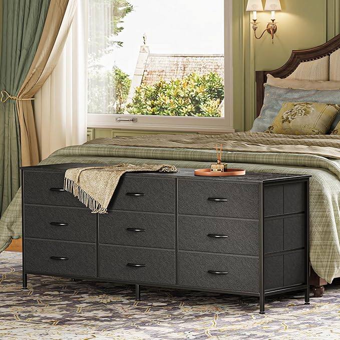 Huuger 9 Drawer Dresser, 55 Inch TV Stand for 55, 60 Inch TV, Entertainment Center with Drawers, Large Storage Fabric Dresser for Bedroom, Closet, Black