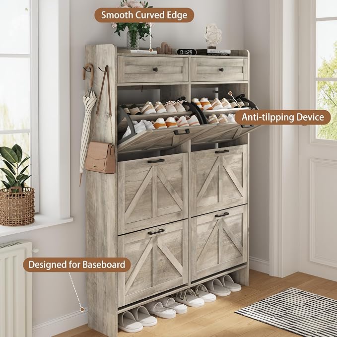 Shoe Cabinet with 6 Flip Drawers & 2 Top Drawers, 57" Tall Freestanding Narrow Wooden Shoe Storage Organizer for Entryway, Hidden Slim Shoe Rack for Front Door Entrance, Hallway, Living Room, Grey - Image 5