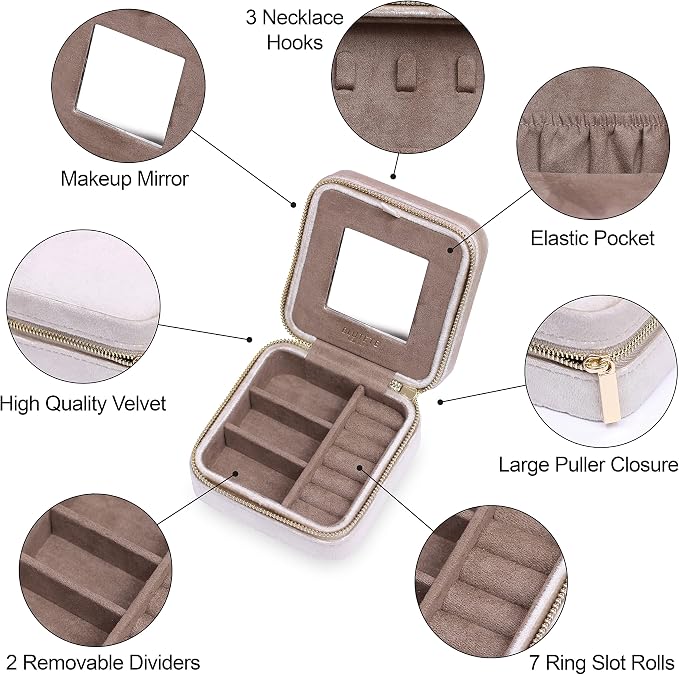 BLUTETE Travel Jewelry Box Organizer Velvet Travel Case With Mirror Ring Earrings Necklaces Storage Organizer Box (Champagne) - Image 6