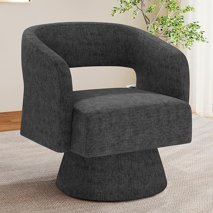 Nebuaegis Swivel Accent Chair, Modern Comfy Chenille Barrel Chairs, Oversized Upholstered Round Arm Chair for Living Room, Bedroom, Reading Room, Black, 1 PCS