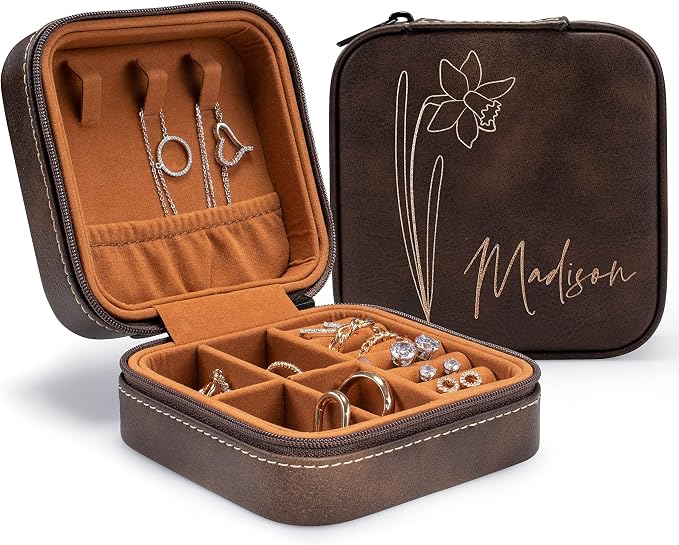Custom Leather Jewelry Box w/Name & Birth Flower Month - Birthday Gifts for Women, Personalized Jewelry Travel Case - Customized Jewelry Organizer Box, Mom Birthday Gifts - Rustic by PersonalizationLab