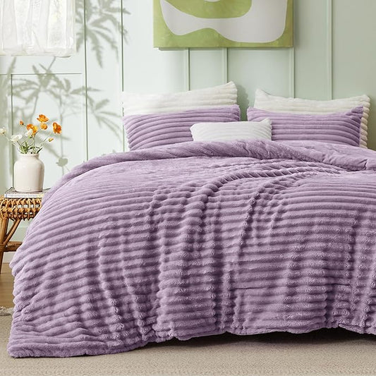 Bedsure Comforter Set Queen Size - GentleSoft™ 3 Pieces Double-Side Fleece Fluffy Lavender Comforter Set, Cozy Striped Room Decor Aesthetic, Luxury Bedding Queen Size, 2 Pillowcases, 90x90 Inches