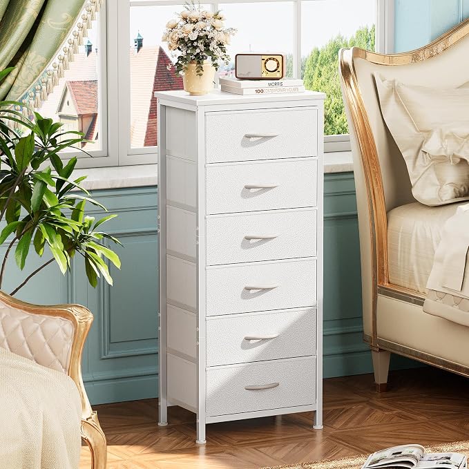 Huuger 43.3 Inch Tall Dresser for Bedroom, 6 Drawer Dresser & Chests of Drawers, Fabric Dresser for Closet, Bedroom, Night Stand, End Table with Metal Frame, Storage Tower with Fabric Bins, White - Image 5