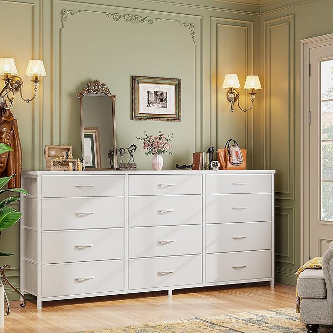 Romorgniz 55" Long Dresser for Bedroom with 12 Fabric Drawers, Entertainment Center for 60 inch TV Dressers & Chests of Drawers Large Organizer, Living Room, Metal Frame, Wood Top, White