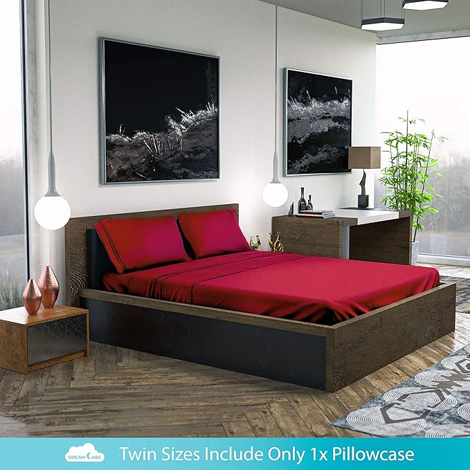 DREAMCARE Twin XL Sheet Sets - 3 pcs Breathable Cooling Bed Sheets - up to 21" Extra Deep Pocket Twin XL Sheets Set with Side Pockets - Extra Soft 100% Brushed Hypoallergenic Hotel Luxury - Burgundy