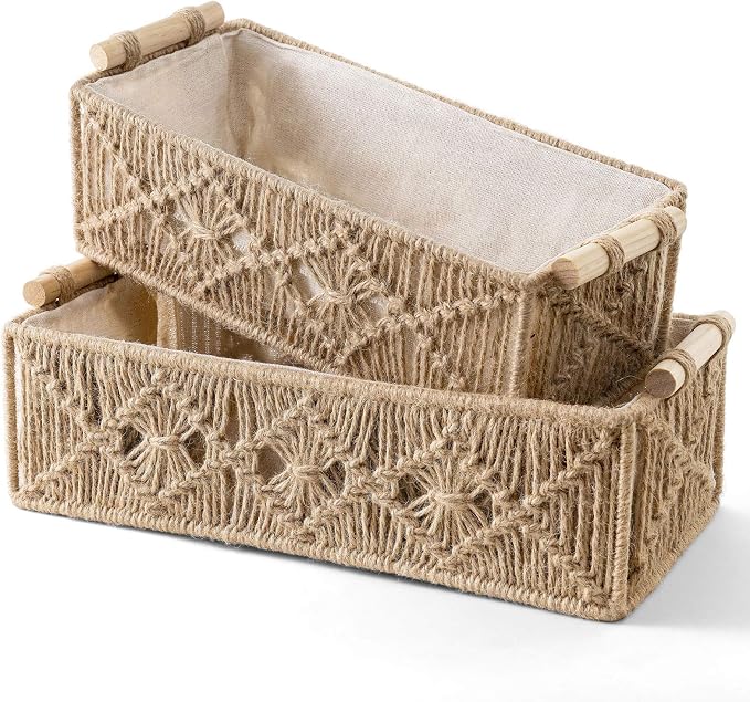 Mkono Macrame Storage Baskets Boho Decor Box Handmade Woven Decorative Countertop Toilet Tank Shelf Cabinet Organizer for Bedroom Livingroom Home, Set of 2, Brown - Image 5