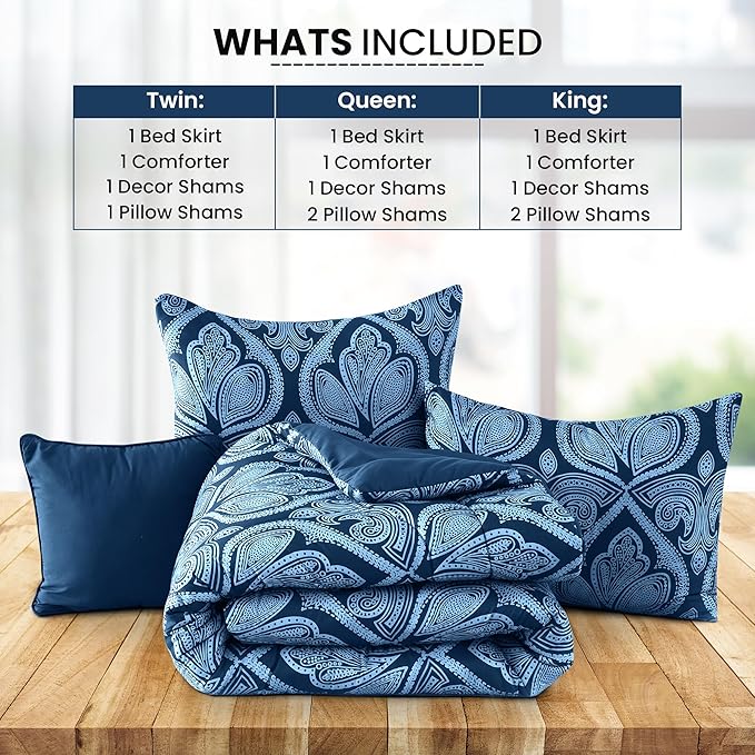 LUX Décor Reversible 5pc Queen Comforter Set, Printed Bedding Set, Microfiber Bed in a Bag, Includes 1 Comforter, 2 Pillow Shams, 1 Decorative Pillow & 1 Bed Skirt (Paisley Navy,Queen)