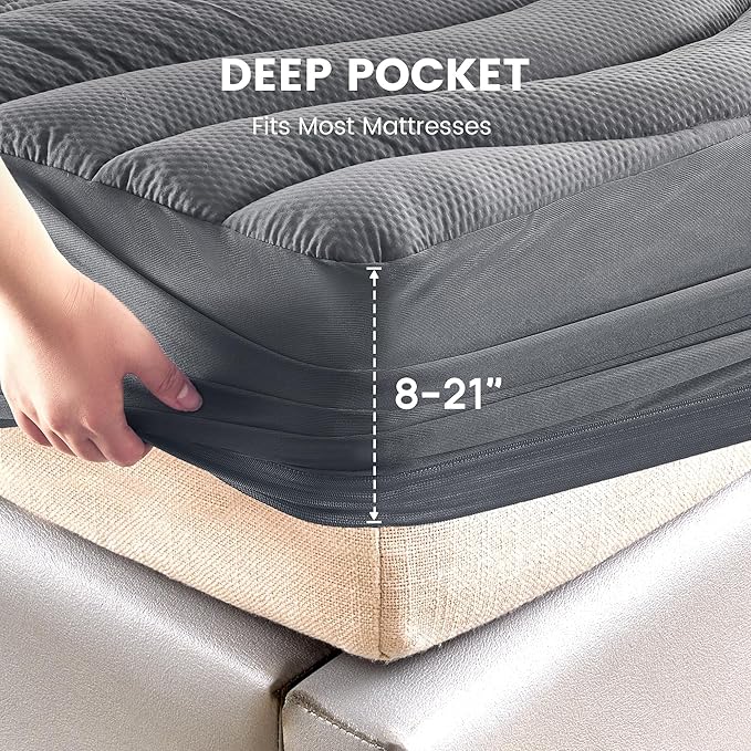 SLEEP ZONE Waterproof Mattress Pad Twin, Breathable Mattress Topper Quilted Fitted Cover Protector with Deep Pockets fits 8-21 inch, Gray