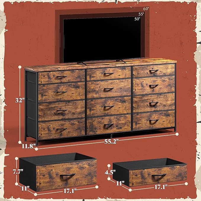 Romorgniz 55" Dresser for Bedroom with 12 Fabric Drawers, Entertainment Center for 60 inch TV Dressers & Chests of Drawers Large Organizer, Living Room, Metal Frame, Wood Top, Rustic Brown