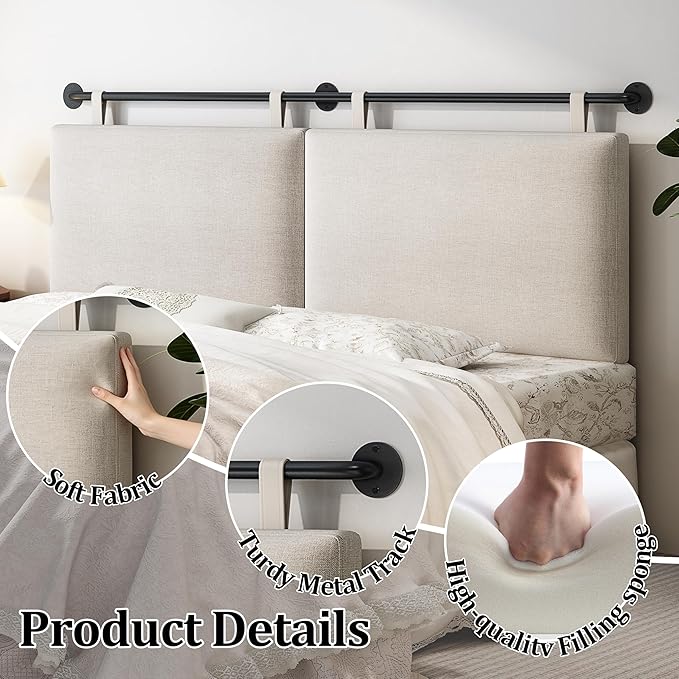 BSHOMGI Headboards Queen Size Bed Headboard Wall Mounted Headboards for Bed with Linen Upholstery Cabeceras De Cama Hanging Headboard for Bedroom (Beige, Queen)