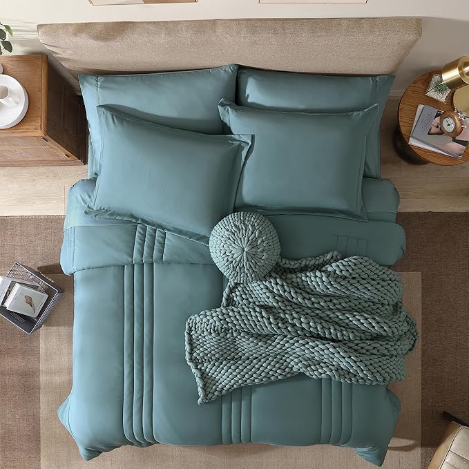 Monbix Super King Plus Size Comforter Set - 7 Pieces Blue Green Bed in a Bag Super King Plus Bedding Sets with Comforters, All Seasons Comforter Bed Set with Sheets,Pillowcases & Shams