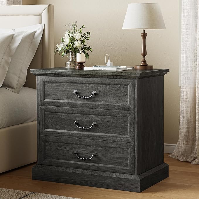 Huuger Nightstand with Charging Station, 3 Drawer Night Stand Set of 2, 22 Inch Wider Side Table with Storage, Farmhouse Nightstand with Vintage Handles, Thicken Base, for Bedroom, Black