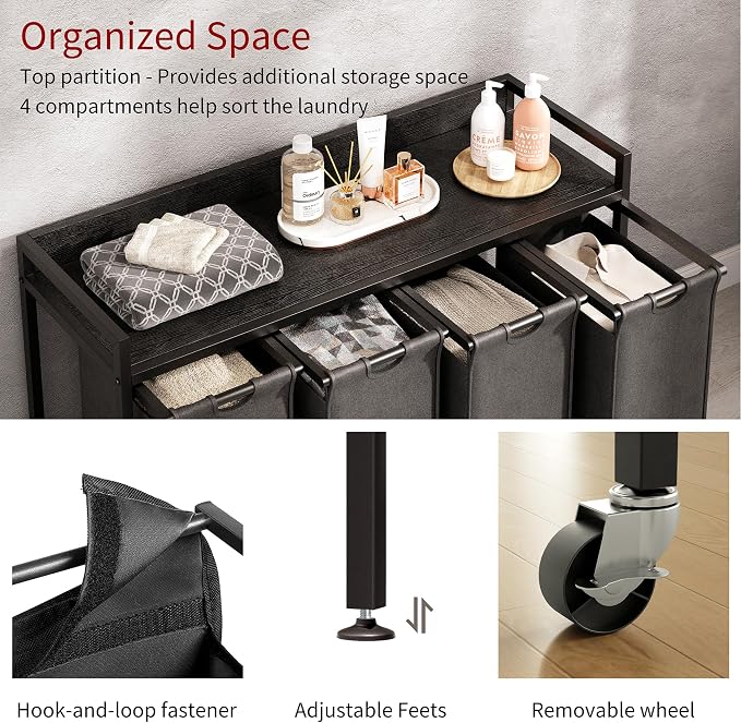 Herture Laundry Hamper with Shelf, Laundry Basket 4 Section, Laundry Sorter with Pull-Out Removable Large Bags and Movable Wheels, Metal Frame, 4 x 15.87 Gallons (60L), Black and Gray PF07XLB - Image 3