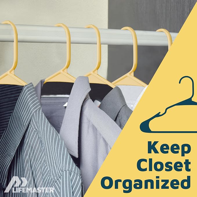 Lifemaster Plastic Clothes Hangers – Heavy Duty Hanger Set, for Organizing Clothes, Dresses, and Coat, Holds Up to 5 lbs, Space-Saving Hangers with Non-Slip Shoulder Grooves, Pack of 80, Yellow - Image 5