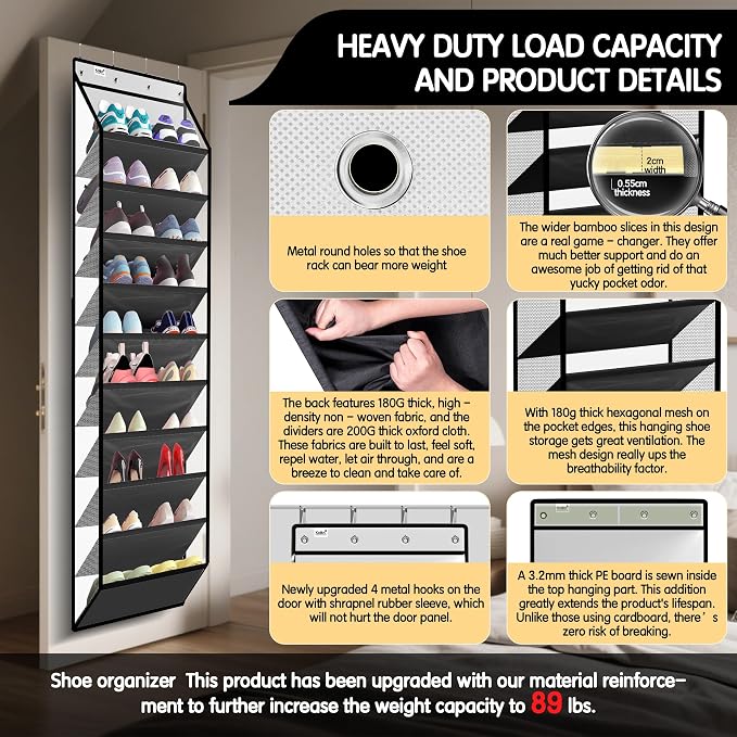 Kotkn 10 Tier Hanging Shoe Rack - Heavy Duty Behind The Door Hanging Shoe Rack, Sturdy Oxford Cloth, 20+ Pairs Over The Door Shoe Cabinet for Boots and Sneakers - Save 50% Closet Space! (Piano White) - Image 3