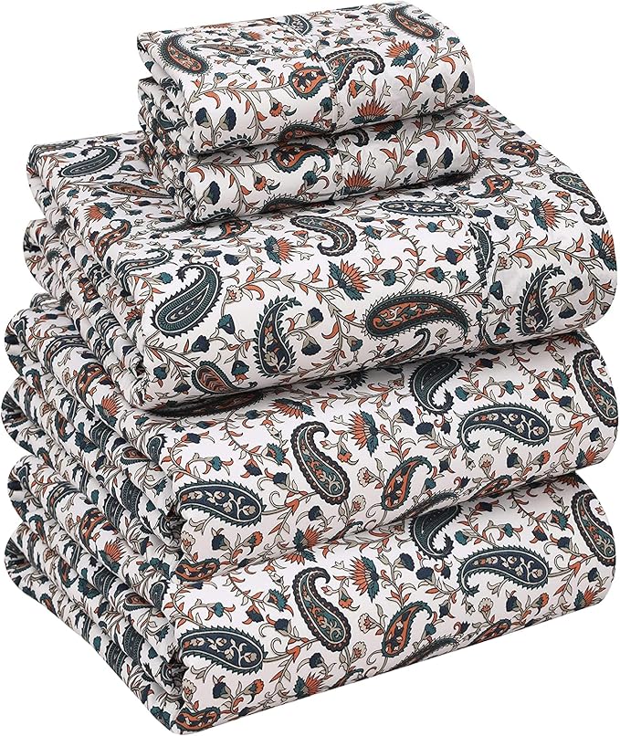 RUVANTI 100% Cotton Sheets – Split King Size Percale Bedding, Cooling & Breathable Floral Design, Durable with a Crisp, Soft & Comfortable Feel, 16" Deep Pocket, 5-Piece Set, Teal Paisley