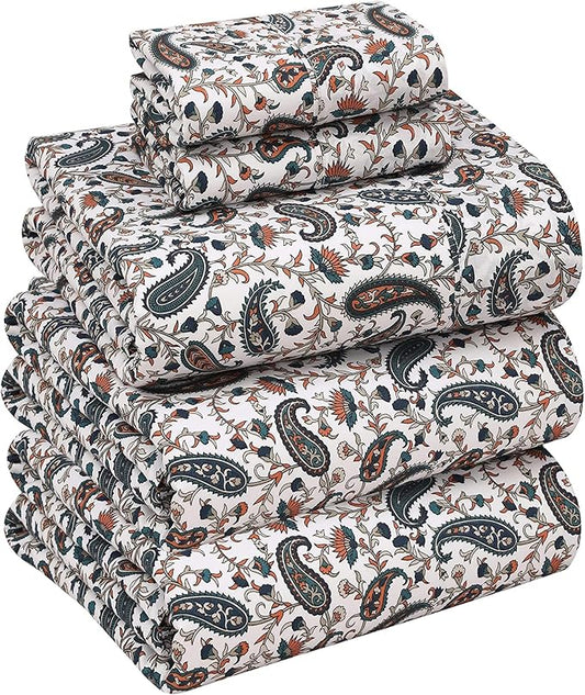 RUVANTI 100% Cotton Sheets – Split King Size Percale Bedding, Cooling & Breathable Floral Design, Durable with a Crisp, Soft & Comfortable Feel, 16" Deep Pocket, 5-Piece Set, Teal Paisley