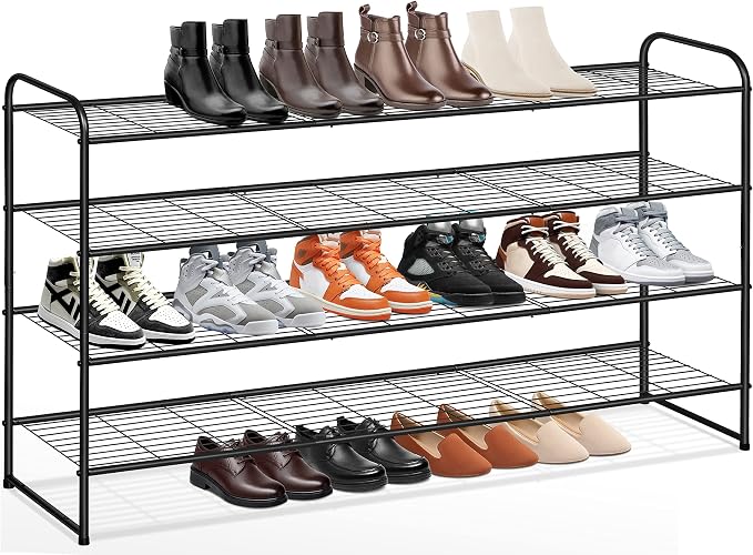 KEETDY 4-Tier Long Shoe Rack for Closet Metal Shoe Organizer for Entryway, Wide Stackable Shoe Storage Shelf with Sturdy Wire Grid for Closet Floor, Bedroom, Black by KEETDY