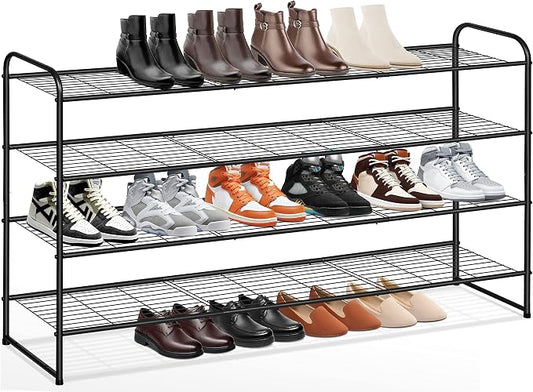KEETDY 4-Tier Long Shoe Rack for Closet Metal Shoe Organizer for Entryway, Wide Stackable Shoe Storage Shelf with Sturdy Wire Grid for Closet Floor, Bedroom, Black by KEETDY