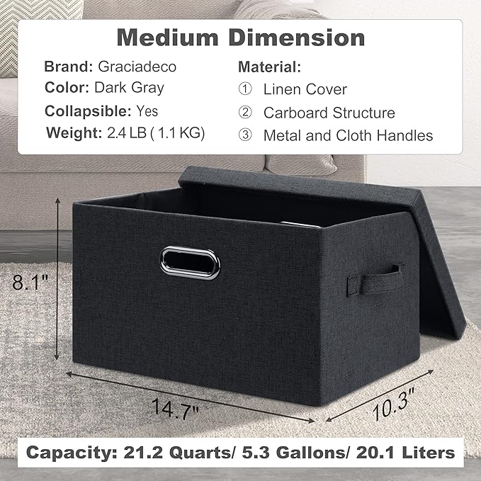 Graciadeco Medium 15" 21 Quart Collapsible Stackable Storage Bins with Lids, 3 Packs Dark Grey Foldable Fabric Closet Boxes Heavy-duty Linen Cube Baskets Container for Bedroom Office (15 x 11 x 8) - Image 2