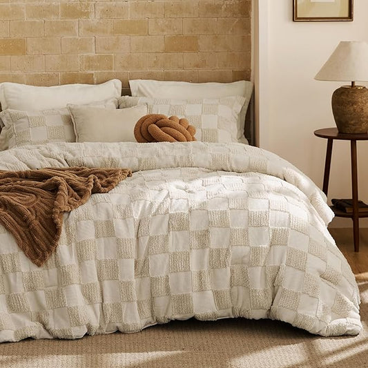 Bedsure California King Size Comforter Set Beige, Boho Tufted Bed Set, Checkered Farmhouse Shabby Chic Bedding, 3 Pieces, 1 Plaid Geometric Comforter and 2 Pillow Shams