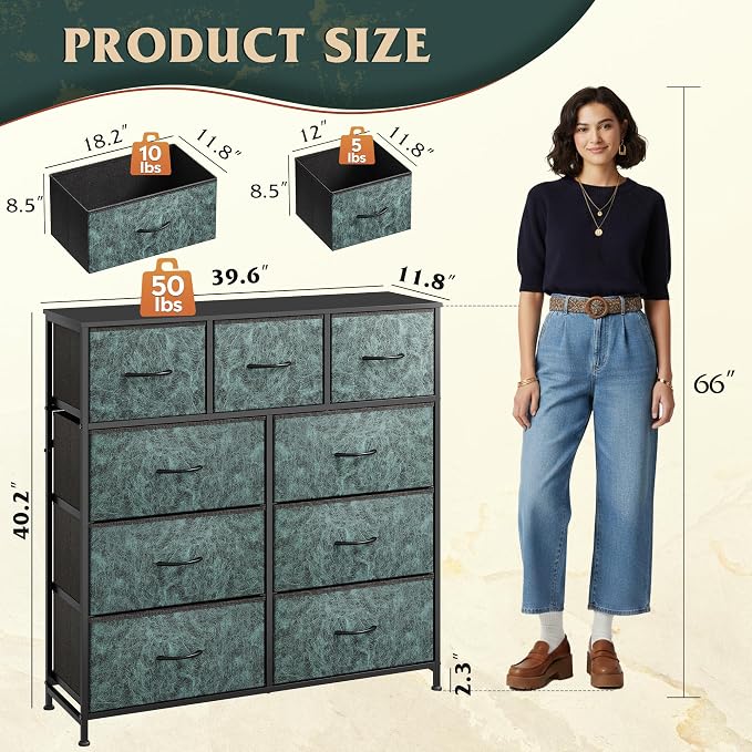 WLIVE 9 Drawer Dresser, Fabric Storage Tower for Bedroom, Hallway, Closet, Tall Chest Organizer Unit for Bedroom with Fabric Bins, Steel Frame, Wood Top, Easy Pull Handle, Vintage Green - Image 3