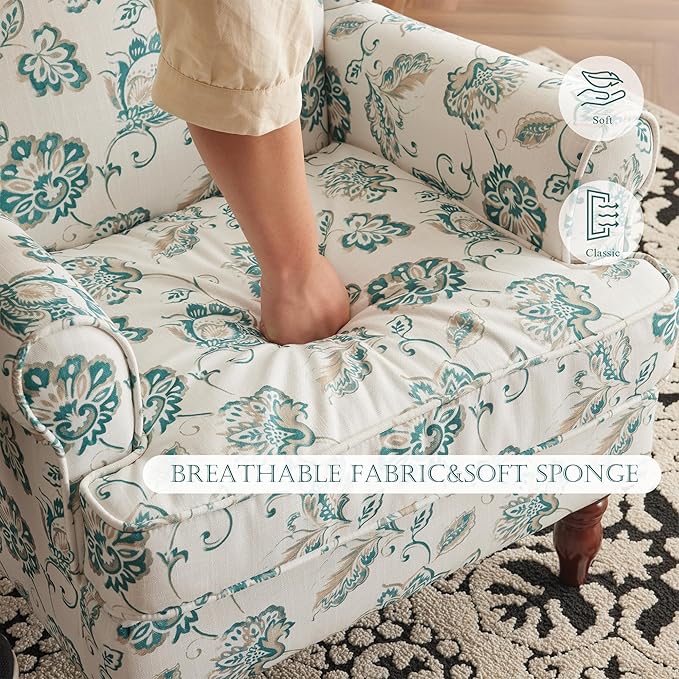 MELLCOM Floral Accent Chair, High Back Upholstered Armchair with Solid Legs, Leisure Single Sofa Chair for Living Room, Bedroom, Home Office, Light Cyan Floral