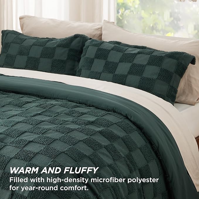 Bedsure Twin/Twin XL Comforter Set Emerald, Boho Tufted Bed Set, Checkered Farmhouse Shabby Chic Bedding, 2 Pieces, 1 Plaid Geometric Comforter and 1 Pillow Sham