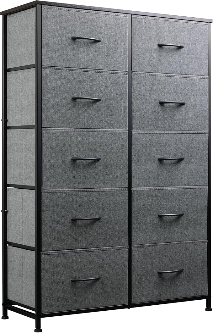 WLIVE Tall Dresser for Bedroom with 10 Drawers, Chest of Drawers, Dressers Bedroom Furniture, Grey Dresser with Fabric Bins for Closet, Hallway, Living Room, Entryway, Dark Grey