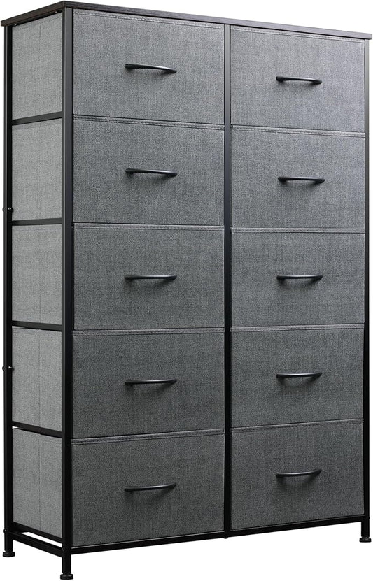 WLIVE Tall Dresser for Bedroom with 10 Drawers, Chest of Drawers, Dressers Bedroom Furniture, Grey Dresser with Fabric Bins for Closet, Hallway, Living Room, Entryway, Dark Grey