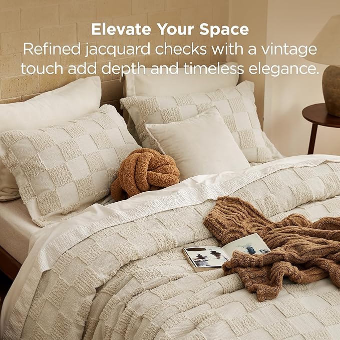 Bedsure Full Size Comforter Set Beige, Boho Tufted Bed Set, Checkered Farmhouse Shabby Chic Bedding, 3 Pieces, 1 Plaid Geometric Comforter and 2 Pillow Shams