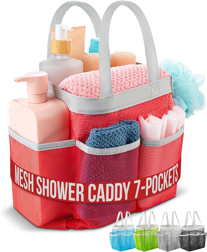 Handy Laundry Mesh Shower Caddy – 7 Pocket Portable Organizer Tote for Dorm, Gym, Travel & Bathroom – Quick Dry Collapsible Bag for College Essentials, Toiletries & Cleaning Supplies (Pink) by Handy+Laundry
