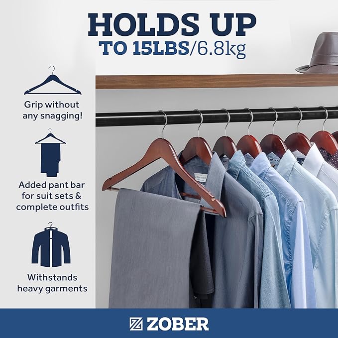 ZOBER Wooden Hangers - Heavy Duty, Non Slip Wood Hangers for Coats, Jackets, Suits, & Pants - Coat Hangers for Closet W/Bar and Notches 20 Pack - Image 4