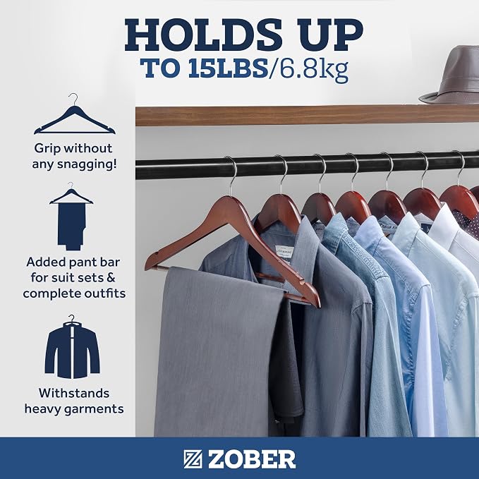 ZOBER Black Wooden Hangers - Heavy Duty, Non Slip Wood Hangers for Coats, Jackets, Suits, & Pants - Coat Hangers for Closet W/Bar and Notches 20 Pack - Image 4
