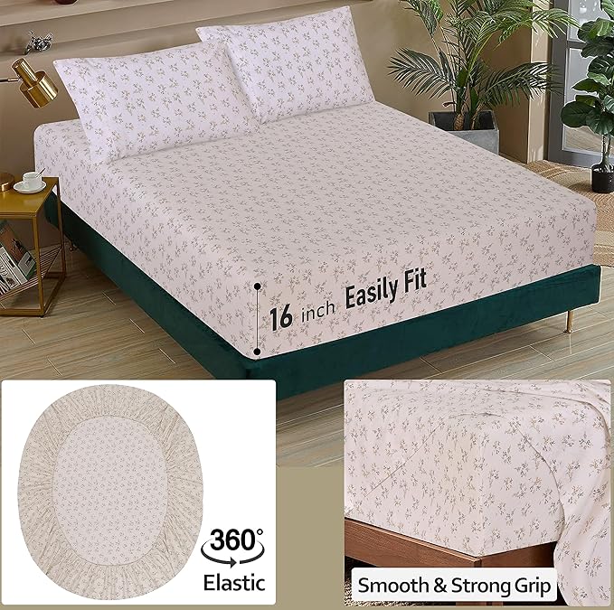 RUVANTI 100% Cotton Sheets – Full Size Percale Bedding, Cooling & Breathable Floral Design, Durable with a Crisp, Soft & Comfortable Feel, 16" Deep Pocket, 4-Piece Set, Twin Spring