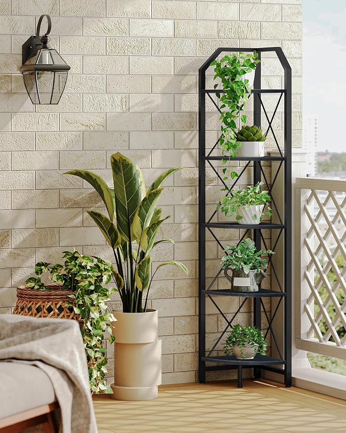 CHOEZON 5-Tier Corner Shelf, Industrial Corner Bookshelf, 59.4" Corner Storage Stand, Plant Stand Display Shelf, Corner Bookcase for Bedroom, Living Room, Home Office, Black TCJ10BB - Image 6