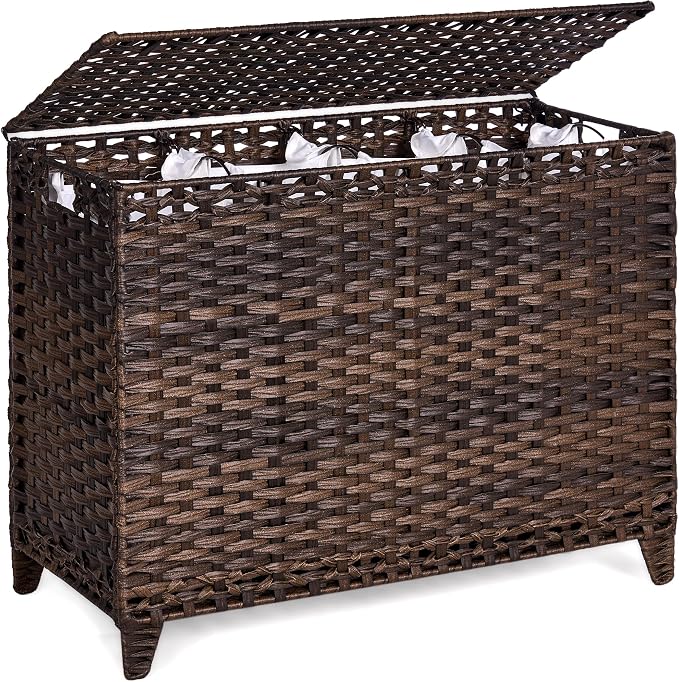 Laundry Hamper with 4 Removable Liner Bags; 176L Handwoven Rattan Laundry Basket with Lid & Heightened Feet; Clothes Hamper with Side Handles by Hermina