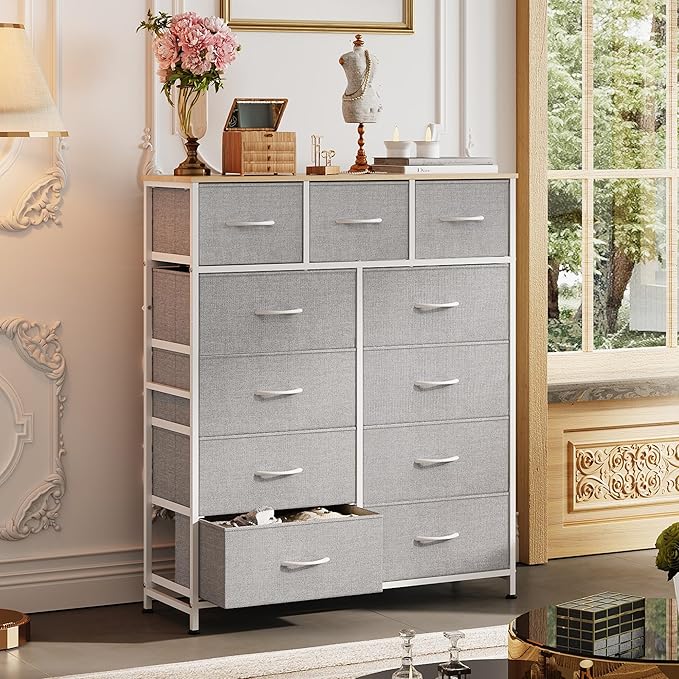 WLIVE Tall Dresser for Bedroom, Fabric Dressers Storage Tower, Dresser & Chest of Drawers Organizer Unit with 11 Drawers, Storage Cabinet, Hallway, Closets, Steel Frame, Wood Top, Light Grey - Image 4