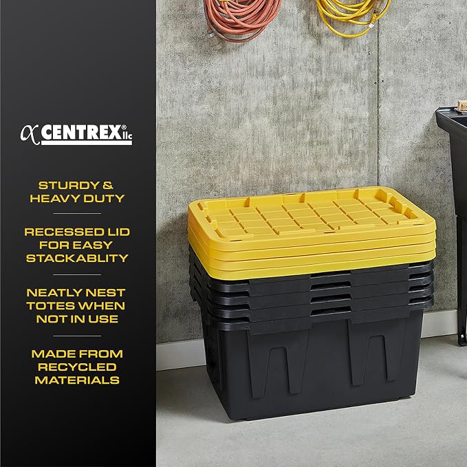 CX Black & Yellow 27-Gallon Heavy Duty Storage Bins with Lids, Stackable Plastic Storage Bins with Weather-Resistant Design, Home Organization, 4 Pack (14.3"H x 20.6"W x 30.6"D) - Image 4