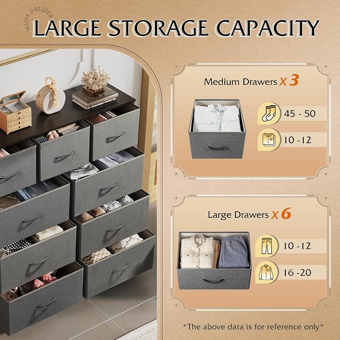 WLIVE 9-Drawer Dresser, Fabric Storage Tower for Bedroom, Hallway, Entryway, Closet, Tall Chest Organizer Unit with Fabric Bins, Steel Frame, Wood Top, Easy Pull Handle, Dark Grey - Image 5