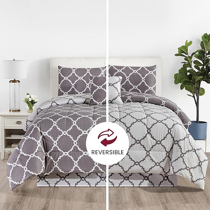 LUX Décor Reversible 5pc Queen Comforter Set, Printed Bedding Set, All-in-One Bed in a Bag, Includes 1 Comforter, 2 Pillow Shams, 1 Decorative Pillow & 1 Bed Skirt (Quatrefoil Grey,Queen)