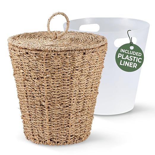 84ECO 3 Gallons Seagrass Waste Basket with Lid and Liner - Wicker Trash Can by 84ECO