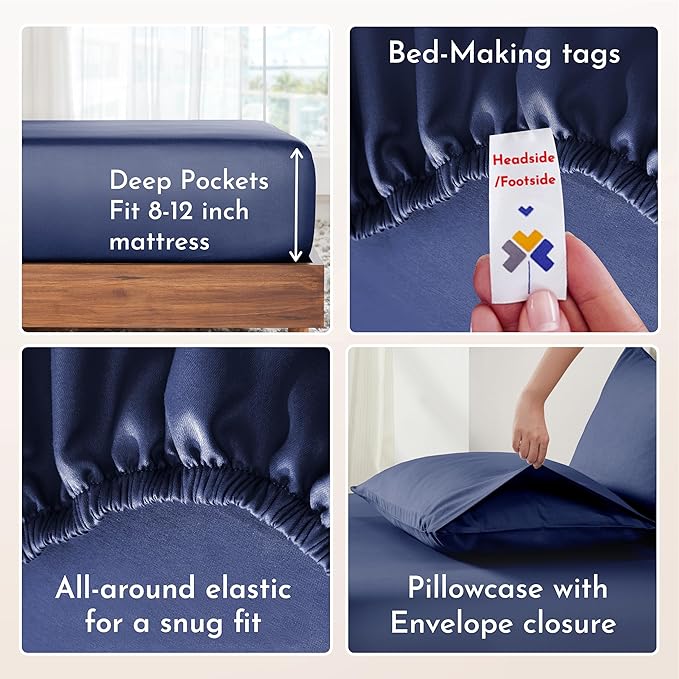 California Design Den XL Twin Sheets Set - Natural 100% Cotton Sheets with 12" Pockets, Soft Sateen Weave, Breathable and Durable Bedding Set for Dorm Rooms, College (Navy Blue)
