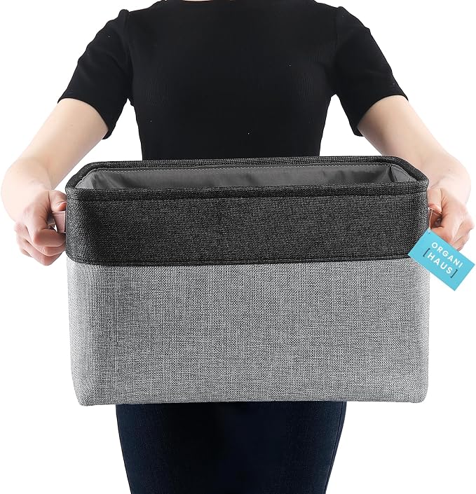 OrganiHaus Extra Large Fabric Storage Baskets for Shelves 3 Pack, 16x13in Closet Storage Bins, Canvas Baskets for Organizing, Linen Closet Organizers, Cloth Basket, Gray/Black - Image 3
