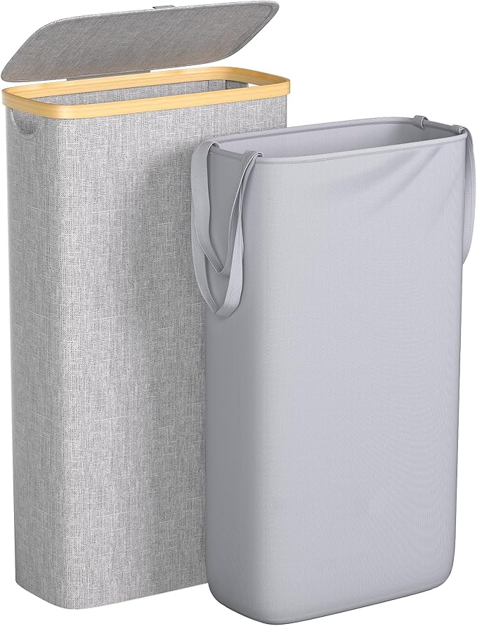 Foluck Slim Laundry Hamper, 60L Waterproof Narrow Laundry Basket with Lid and Removable Bag, Collapsible Tall Clothes Hamper with Bamboo Handles for Clothes Toys in Dorm Bedroom Bathroom, Grey by Foluck