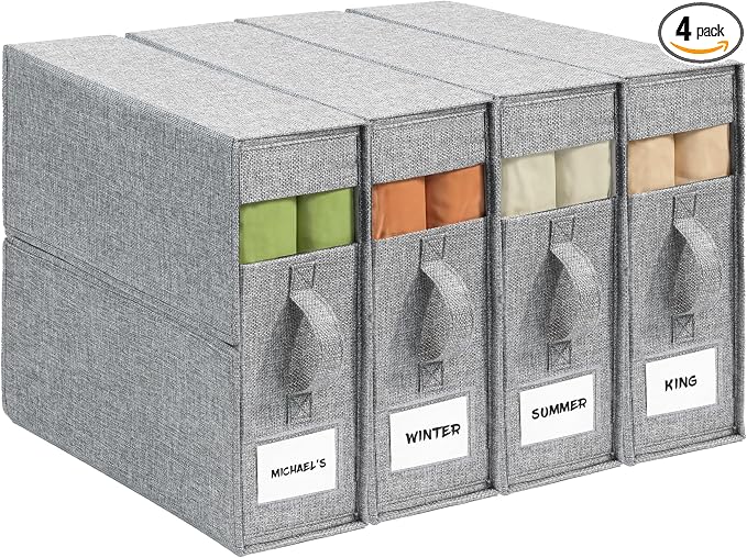4Pack Sheet Organizers for Linen Closet - King/Queen Size Bedding Storage Boxes with Clear Window, Foldable & Dustproof Linen Organizer for Blankets & Sheet Sets,Grey by ZenStorage