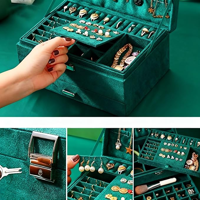 Jewelry Organizer Box for Women Girls, Jewelry Box 3-Tier Jewelry Display Case and Organizer,Lockable Jewelry Display Case Anti Tarnish,Varying Compartments for Necklaces, Bracelets, Rings - Image 4