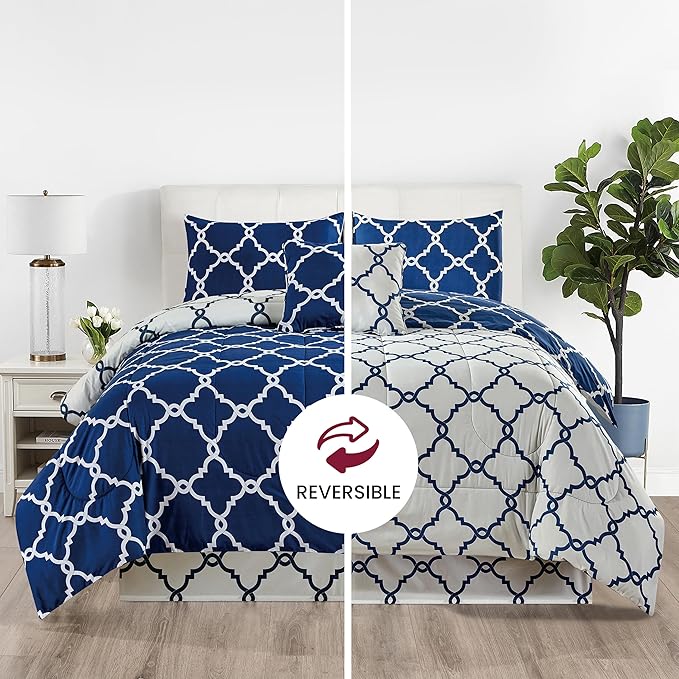 LUX Décor Reversible 5pc King Comforter Set, Printed Bedding Set, All-in-One Bed in a Bag, Includes 1 Comforter, 2 Pillow Shams, 1 Decorative Pillow & 1 Bed Skirt (Quatrefoil Navy,King)