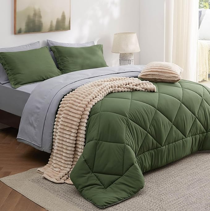 Bedsure Queen Comforter Set - 7 Pieces Reversible Olive Green Bedding, Queen Size Bed Set for All Seasons, Bed in a Bag with Down Alternative Comforter, Sheets, Pillowcases & Shams