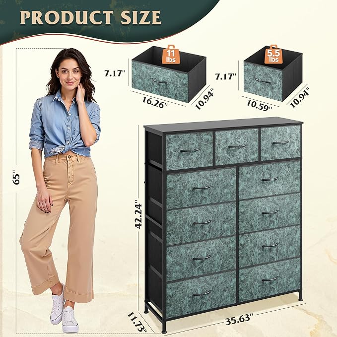 WLIVE Storage Organizer Unit with 11 Fabric Bins, Storage Drawers Organizer with Steel Frame, Tall Storage Tower Organizaton for Living Room, Hallway, Office, Vintage Green - Image 3